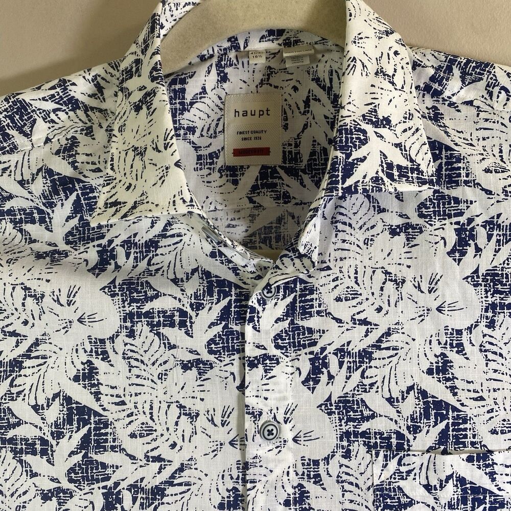 Haupt Germany Short Sleeve Blue White Floral Print Button Up Shirt Men 16 1/2